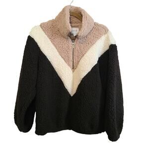 Nine West Sherpa Pullover Womens M Color Block Half Zip Jacket Chevron Cozy